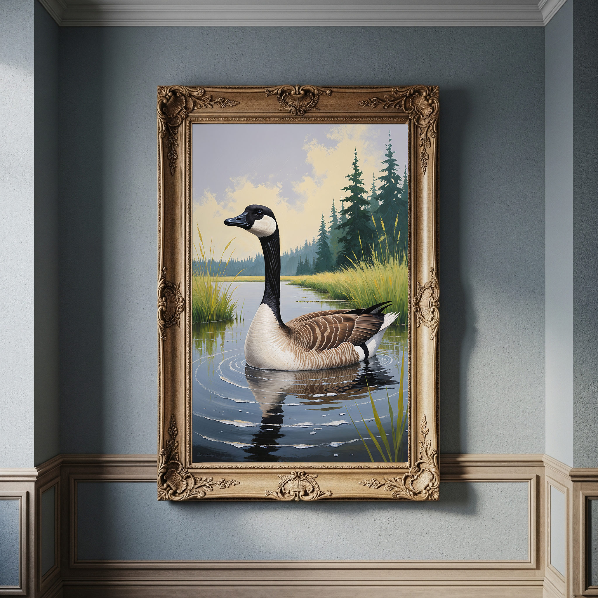 Vintage Canada Goose digital art print by Reflectionare featuring retro nature wall decor with a detailed Canada goose illustration.