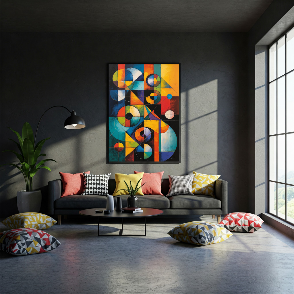 Digital abstract geometric oil painting print by Reflectionare, modern Bauhaus wall art with bold shapes and vibrant colors.