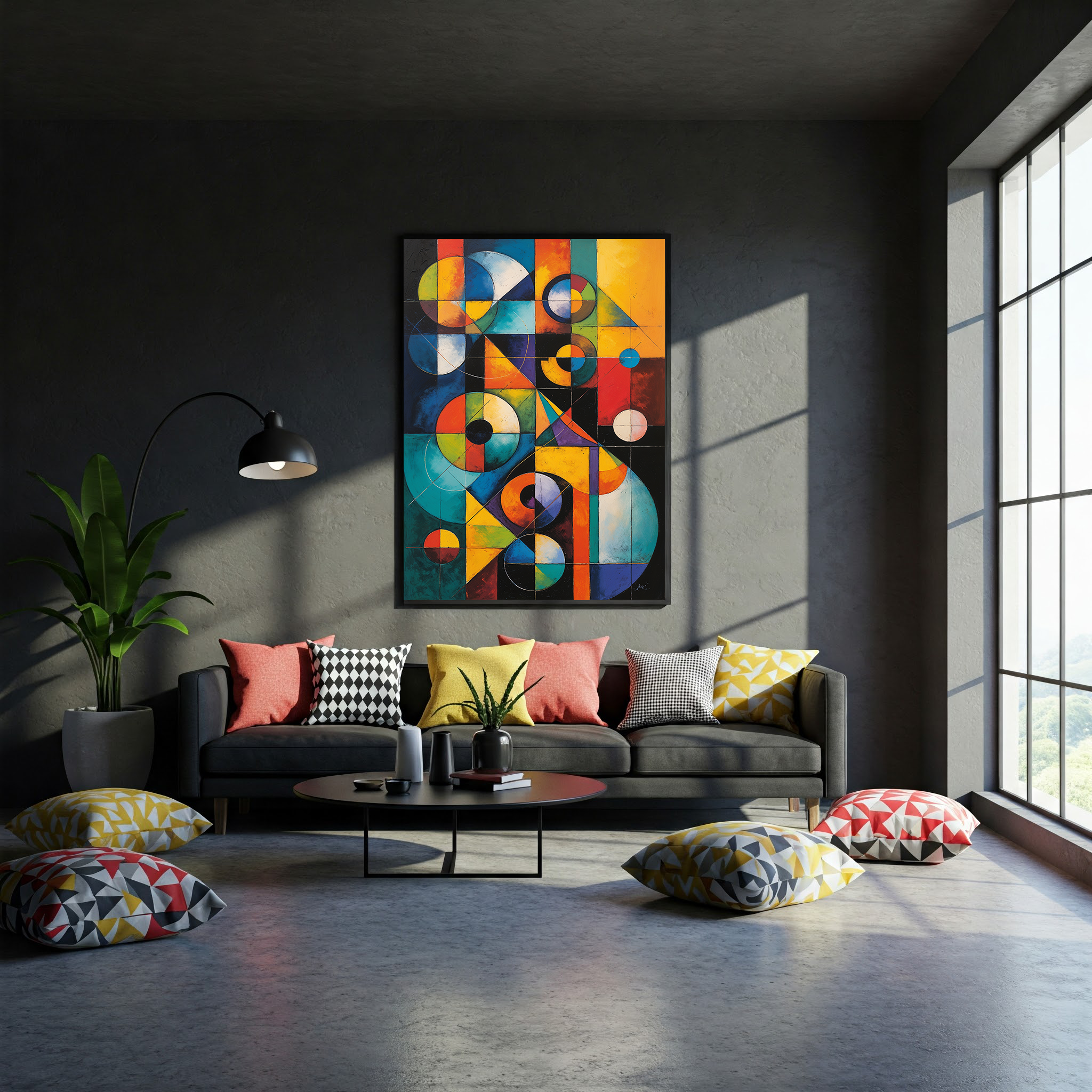 Digital abstract geometric oil painting print by Reflectionare, modern Bauhaus wall art with bold shapes and vibrant colors.