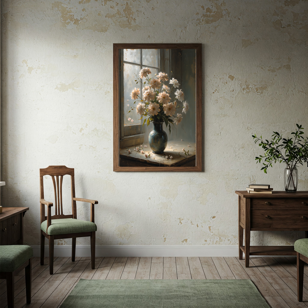 Digital art print of vintage floral still life with an elegant flower bouquet in a vase, by Reflectionare.