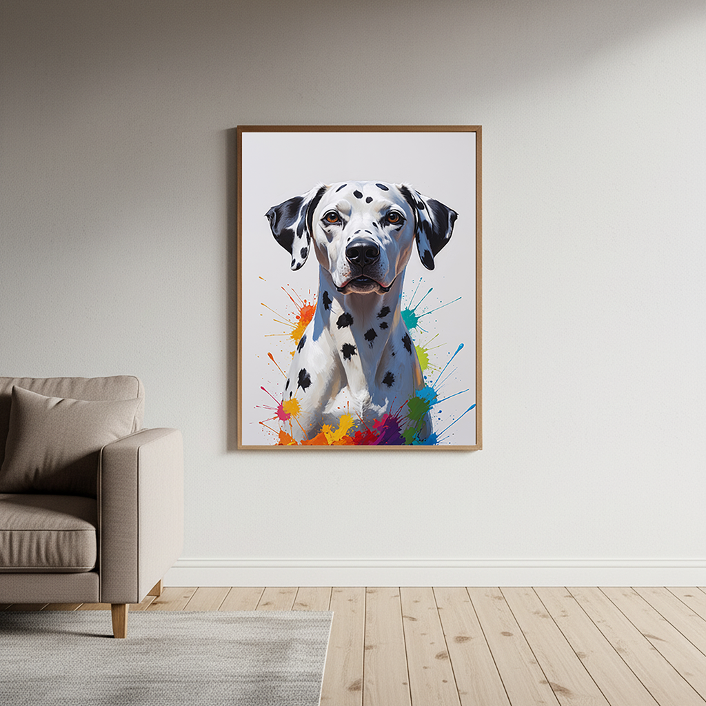Colorful Dalmatian digital art by Reflectionare featuring a vibrant, abstract dog illustration with bright, multicolored spots.