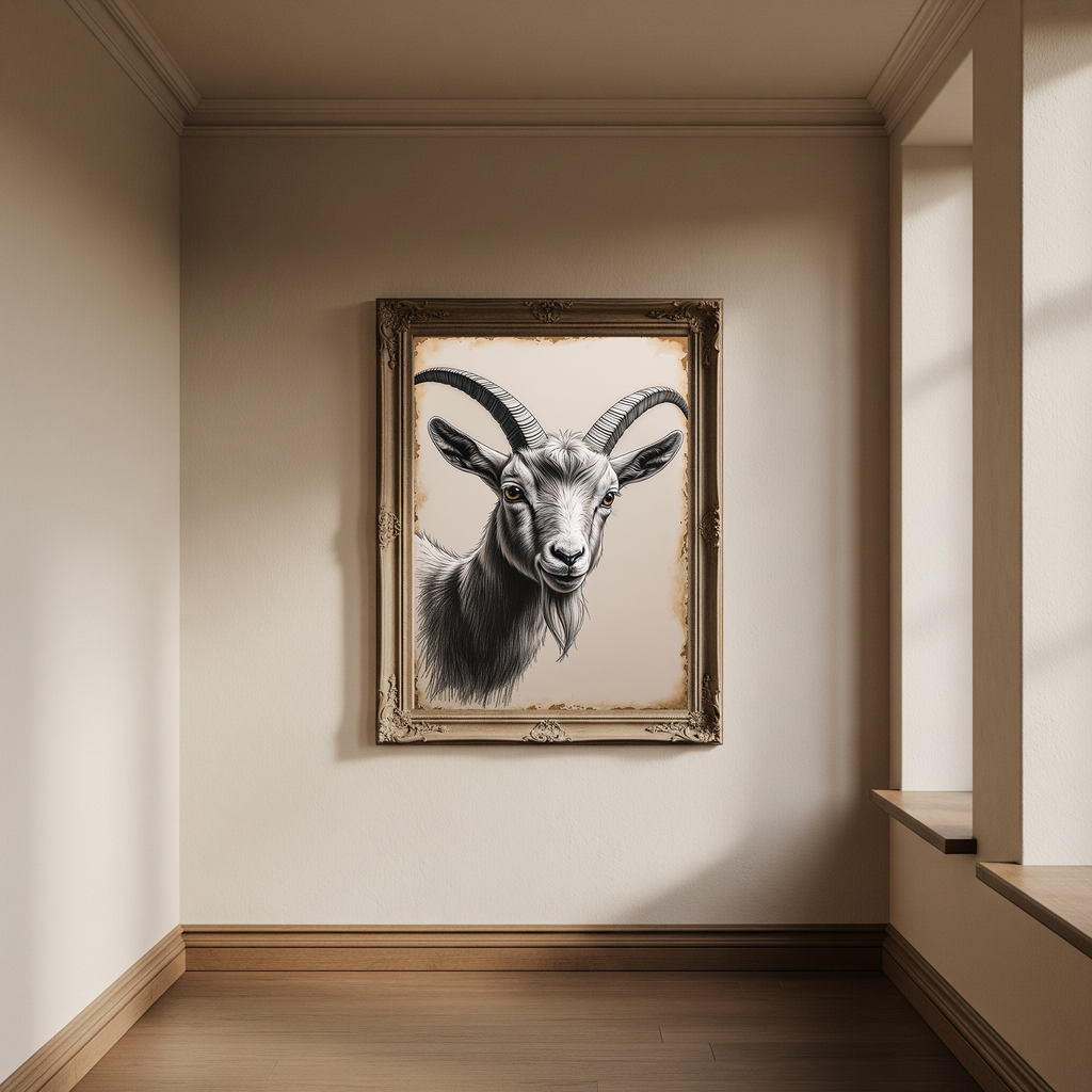 Vintage goat portrait digital art by Reflectionare, detailed farm animal illustration on a neutral background.