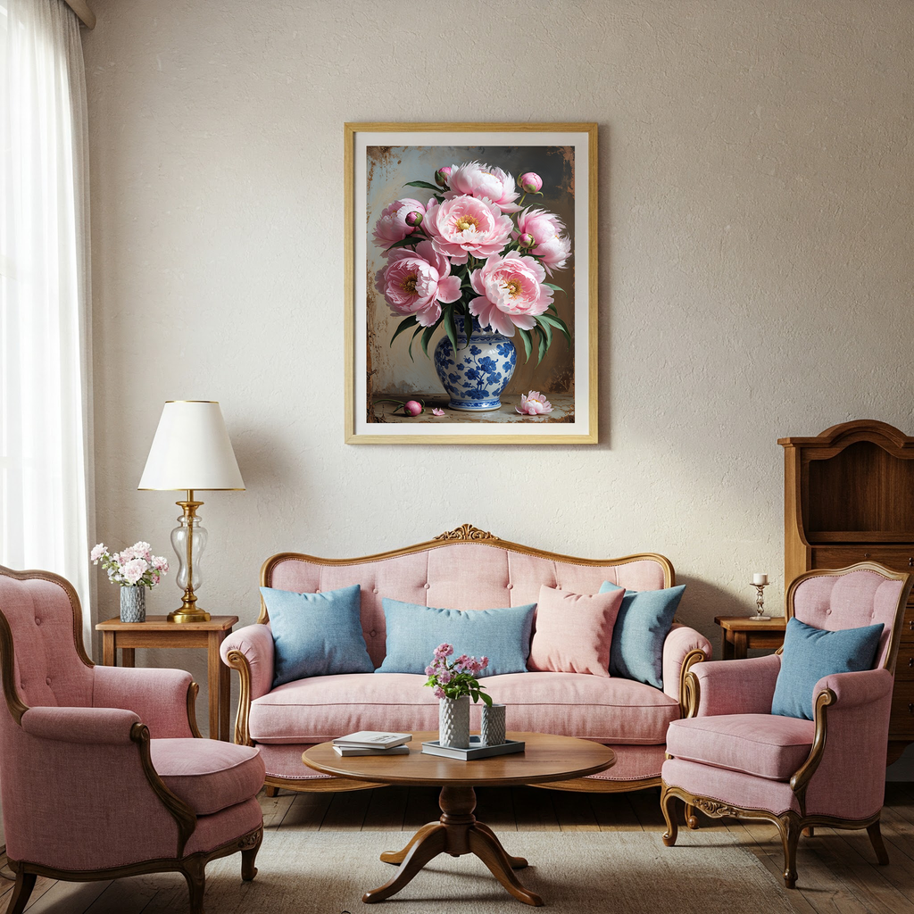 Vintage Pink Peony Bouquet Wall Art Print | Impressionist Floral Decor