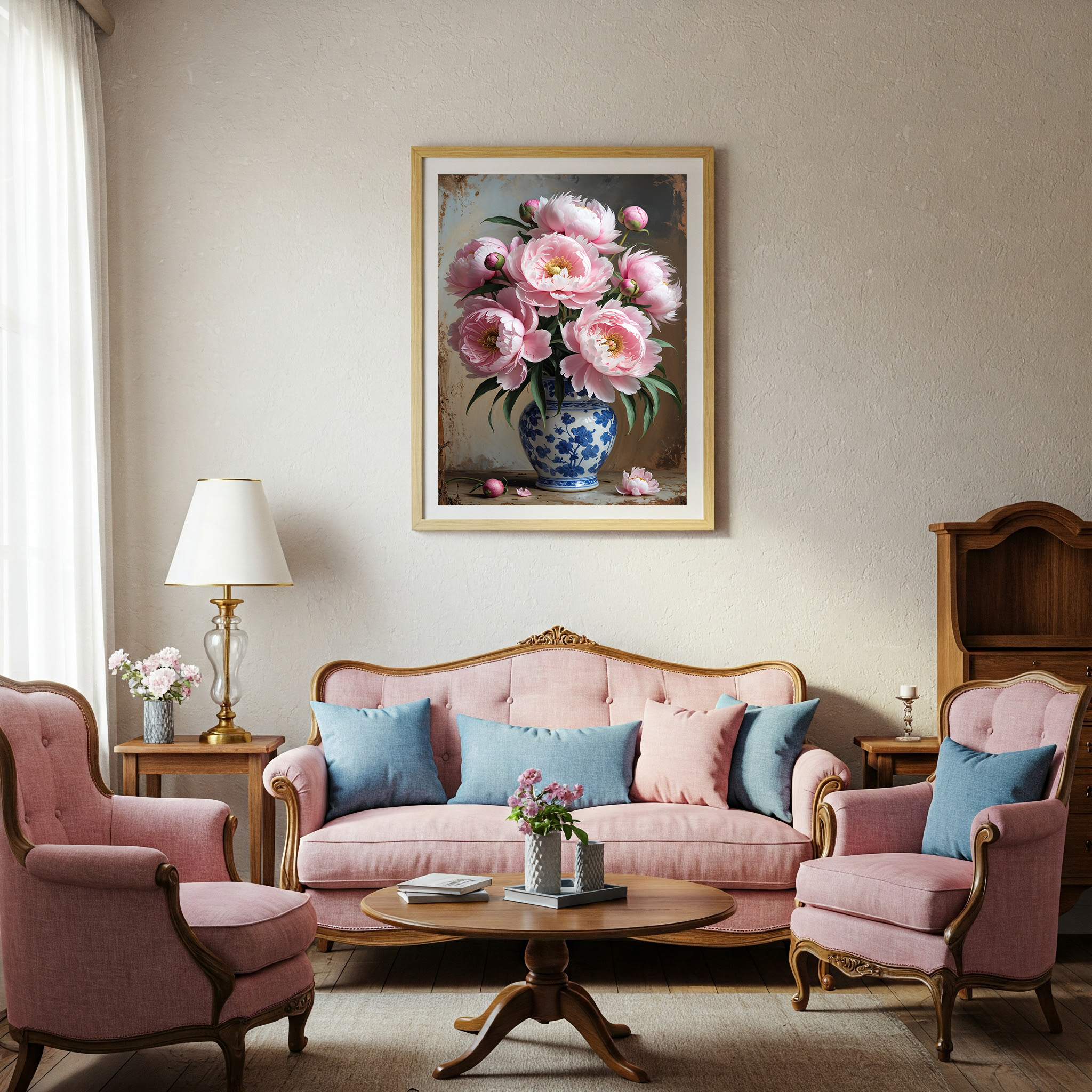 Vintage Pink Peony Bouquet Wall Art Print | Impressionist Floral Decor