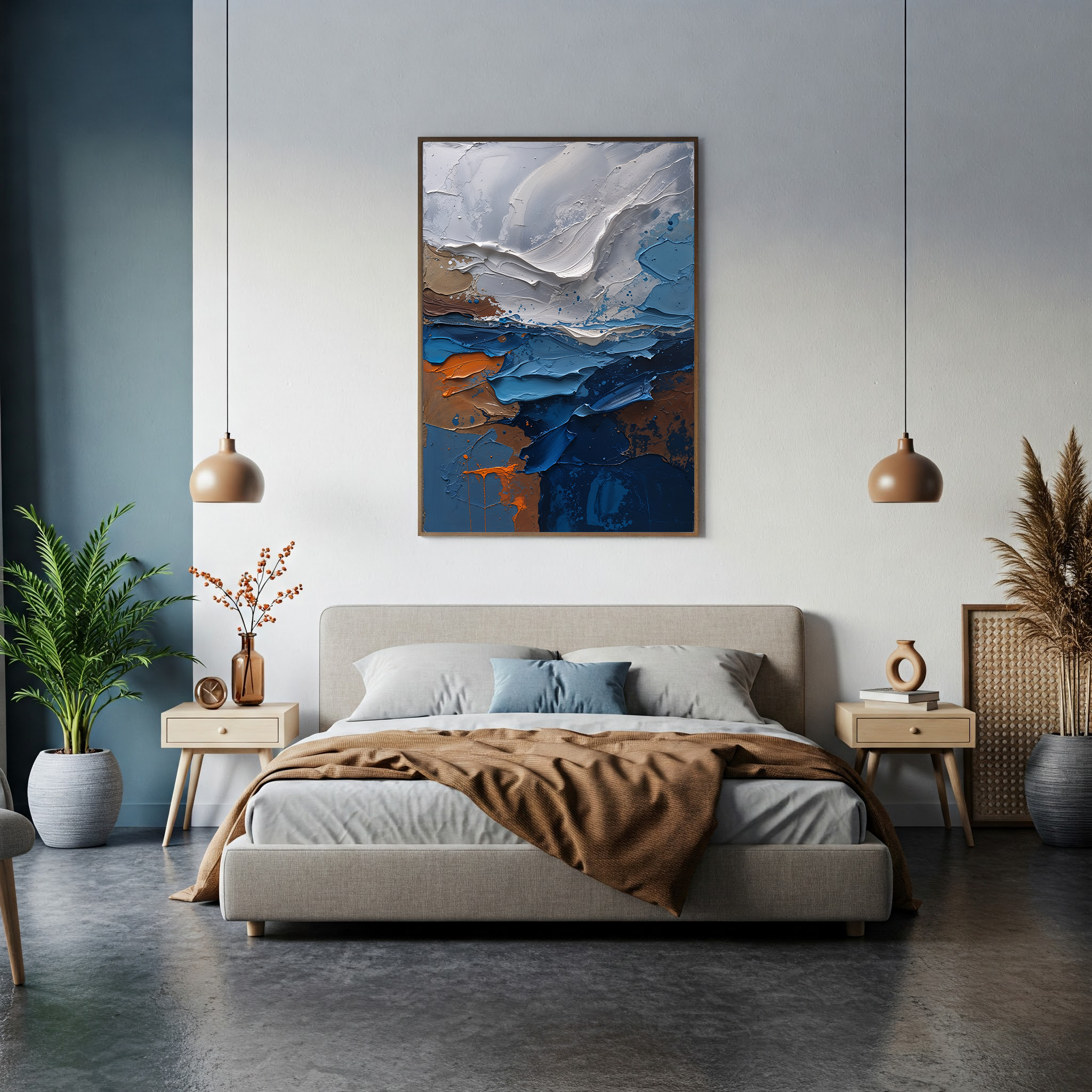 Abstract coastline impasto oil painting print by Reflectionare, modern textured seascape digital art on canvas.