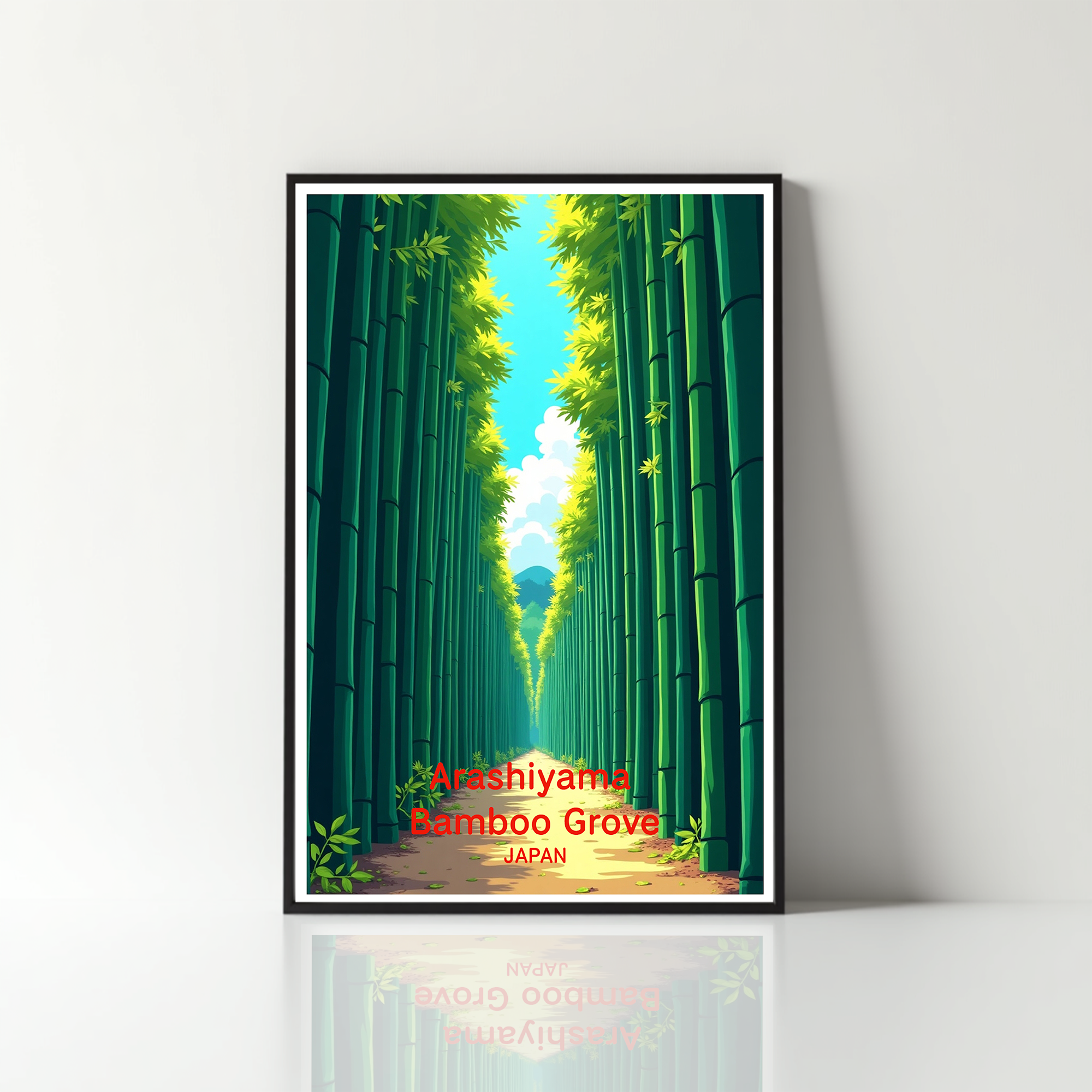 Digital art of Arashiyama Bamboo Grove by Reflectionare, showcasing lush green bamboo stalks and serene forest scenery.