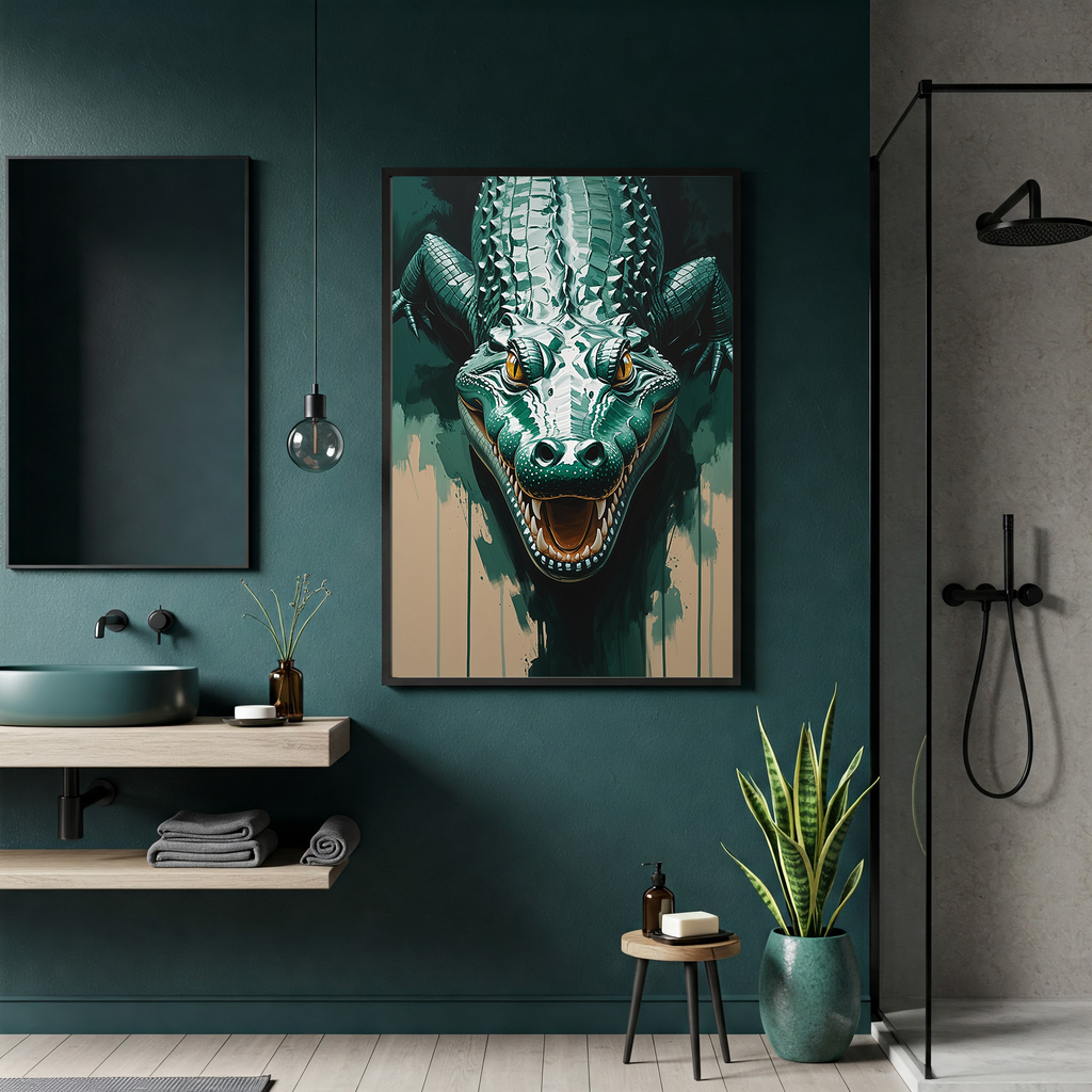 Abstract alligator digital art print by Reflectionare featuring modern reptile wall decor with vivid colors and artistic design.