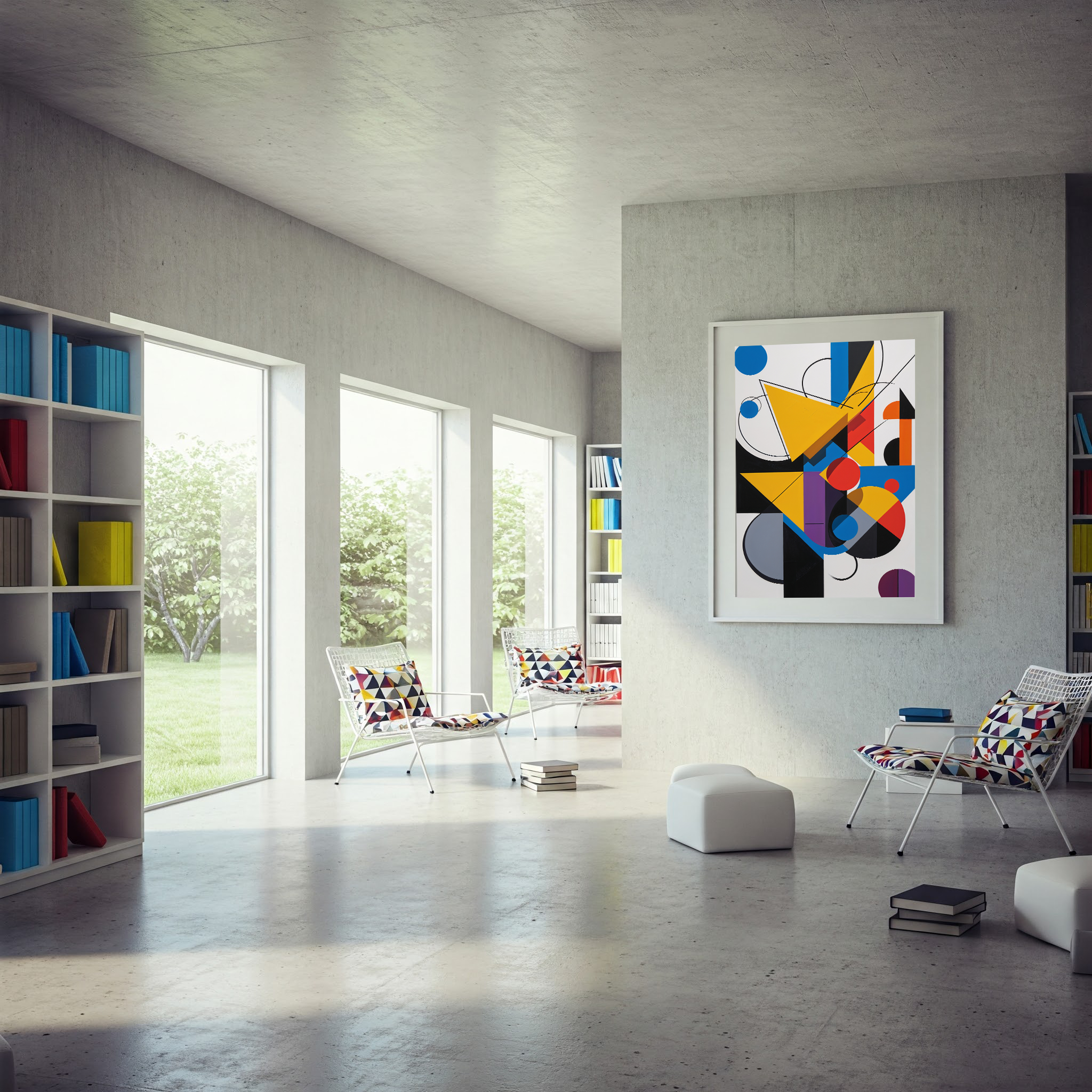 Reflectionare abstract geometric art print featuring modern Bauhaus-inspired digital wall decor with bold shapes and vibrant colors.