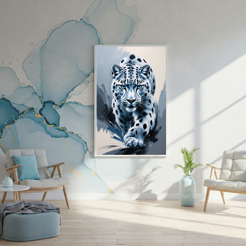 Abstract snow leopard digital art print by Reflectionare, modern wildlife wall decor featuring vibrant, artistic snow leopard imagery.