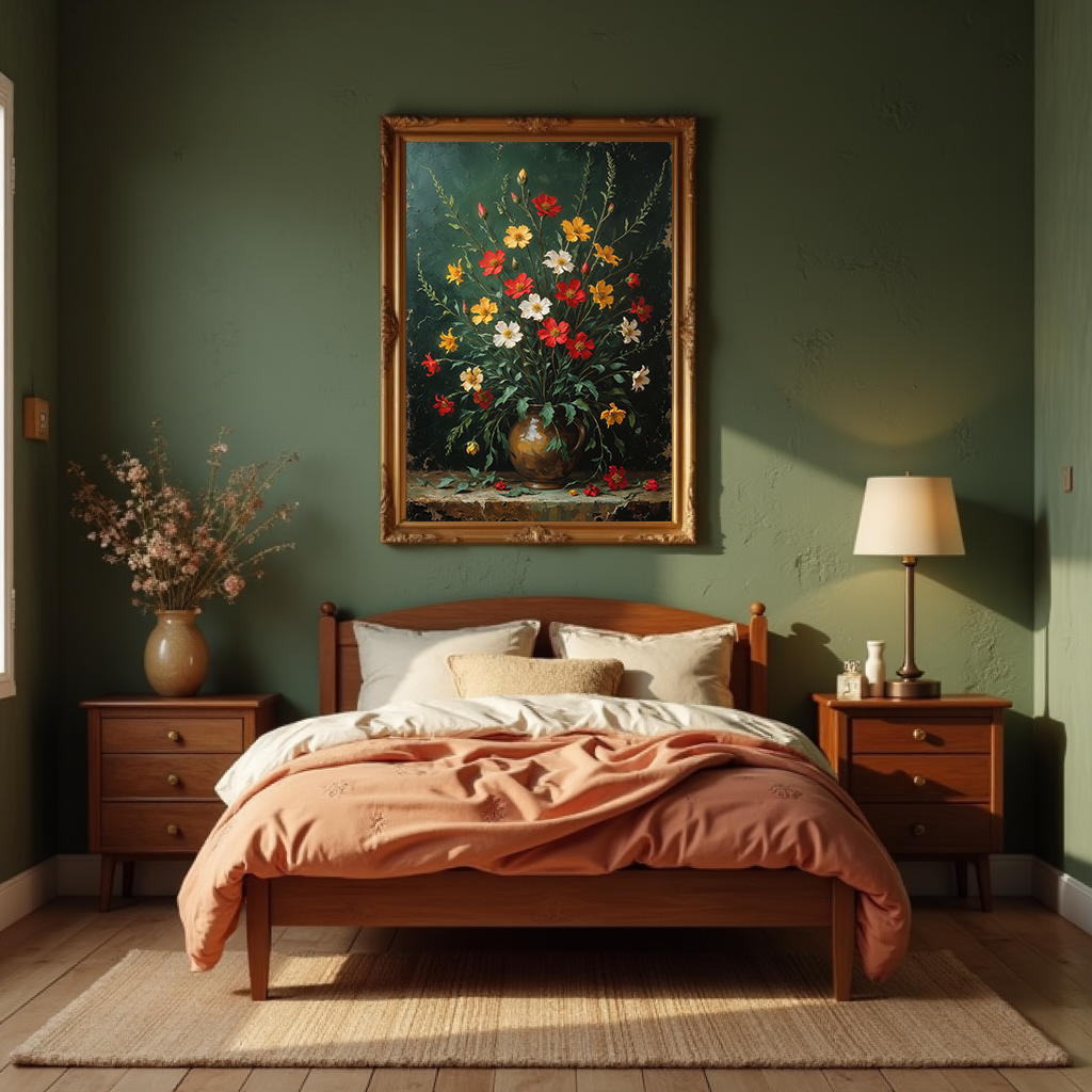 Vintage floral bouquet art print by Reflectionare, featuring retro flower still life digital artwork with vibrant colors and detailed floral design.