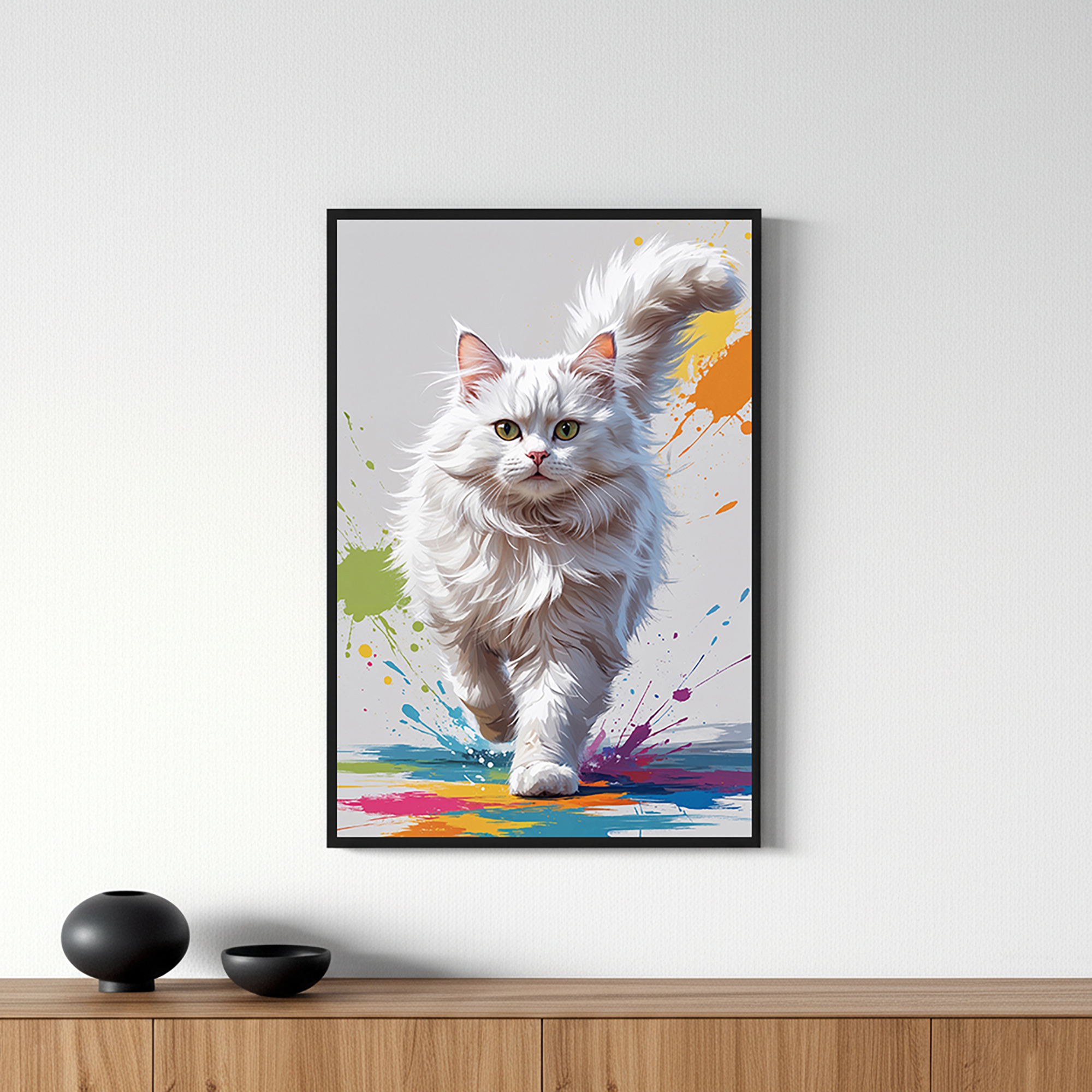Fluffy White Cat Colorful Splash Art Print