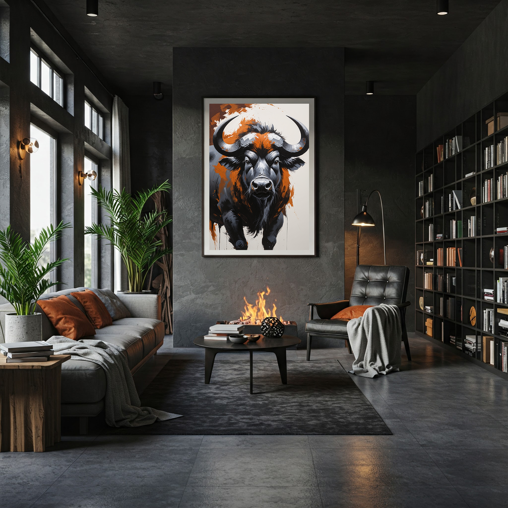 Abstract African buffalo digital art print by Reflectionare, modern wildlife wall decor featuring bold, colorful buffalo design.