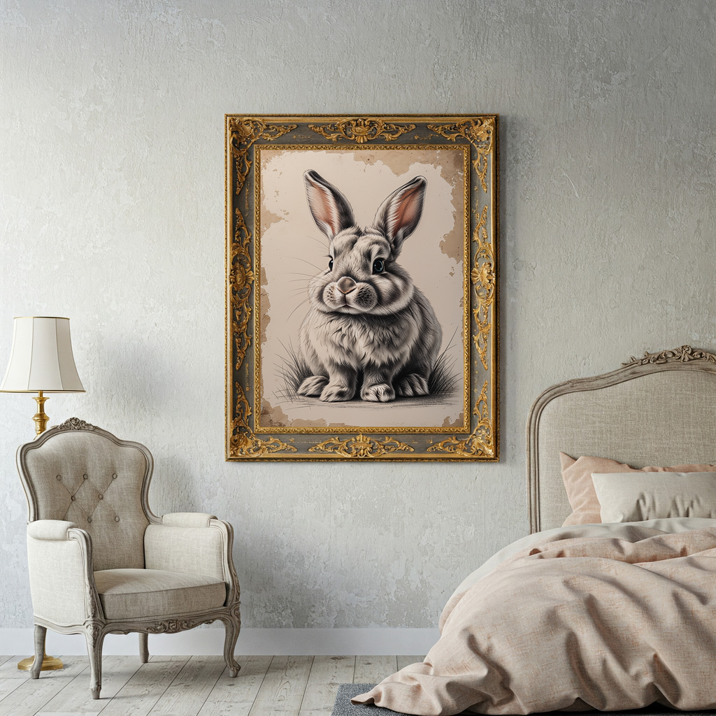 Vintage Bunny Portrait art print by Reflectionare, featuring a retro digital animal wall decor with a detailed bunny illustration.