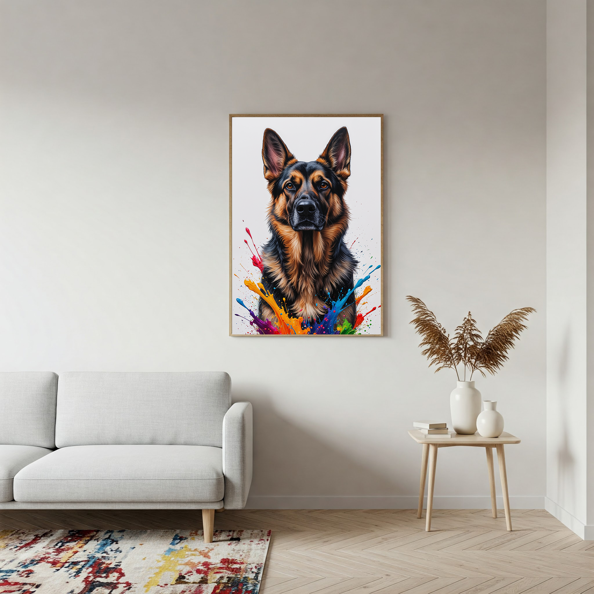 Colorful German Shepherd digital art by Reflectionare showcasing vibrant, abstract dog portrait in bright, lively colors.