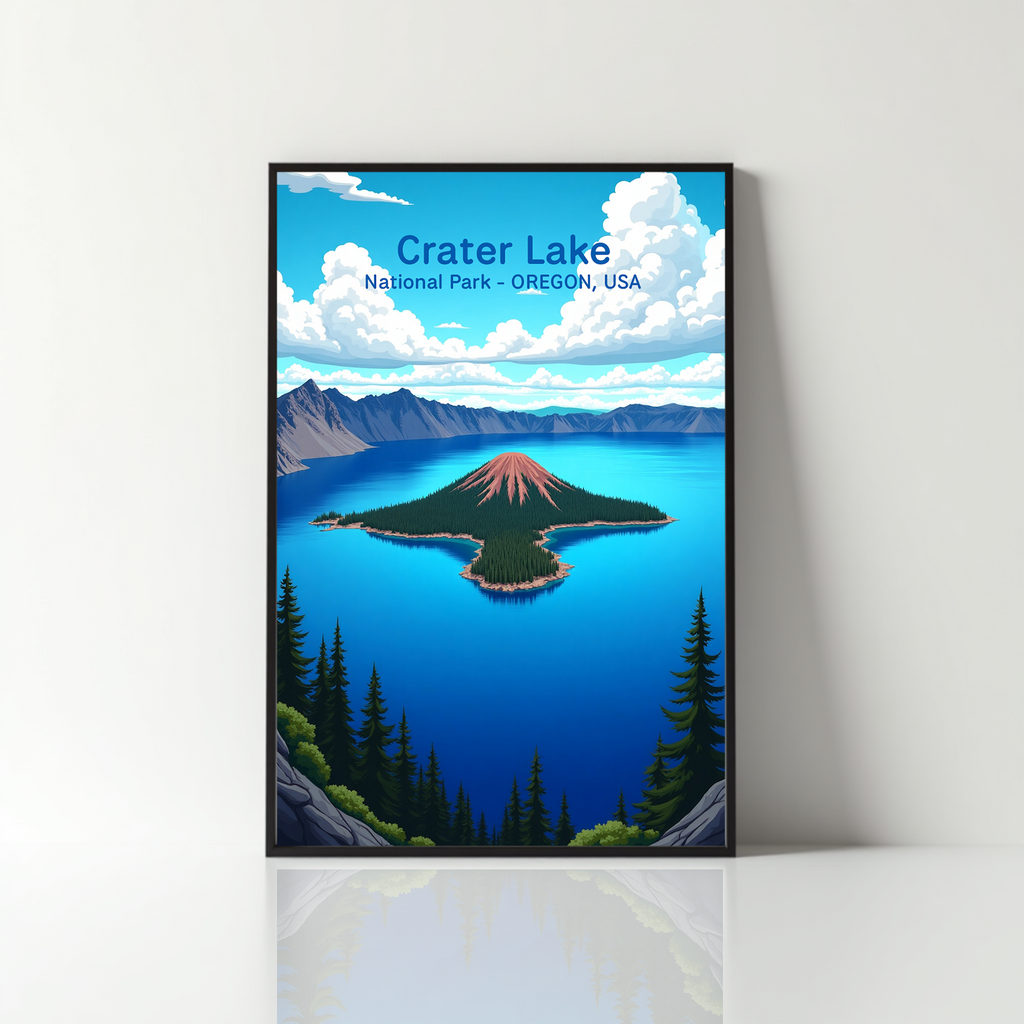 Digital art of Crater Lake National Park by Reflectionare, showcasing a scenic landscape with blue lake and surrounding mountains.