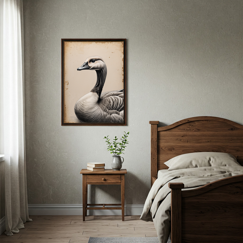 Vintage goose portrait art by Reflectionare showing a detailed farm bird illustration in digital print format.