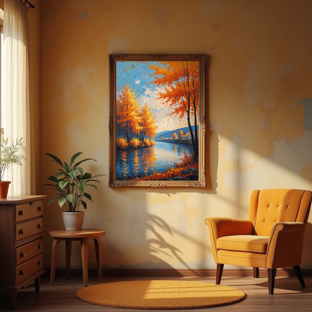 Reflectionare vintage autumn river wall art print, digital landscape decor with retro river scene in warm fall colors.