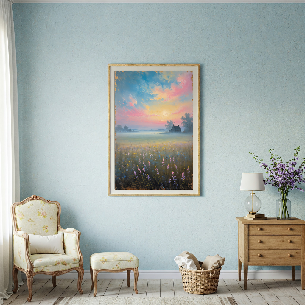Vintage countryside sunrise art print by Reflectionare, featuring a retro landscape digital wall decor with warm sunrise colors.