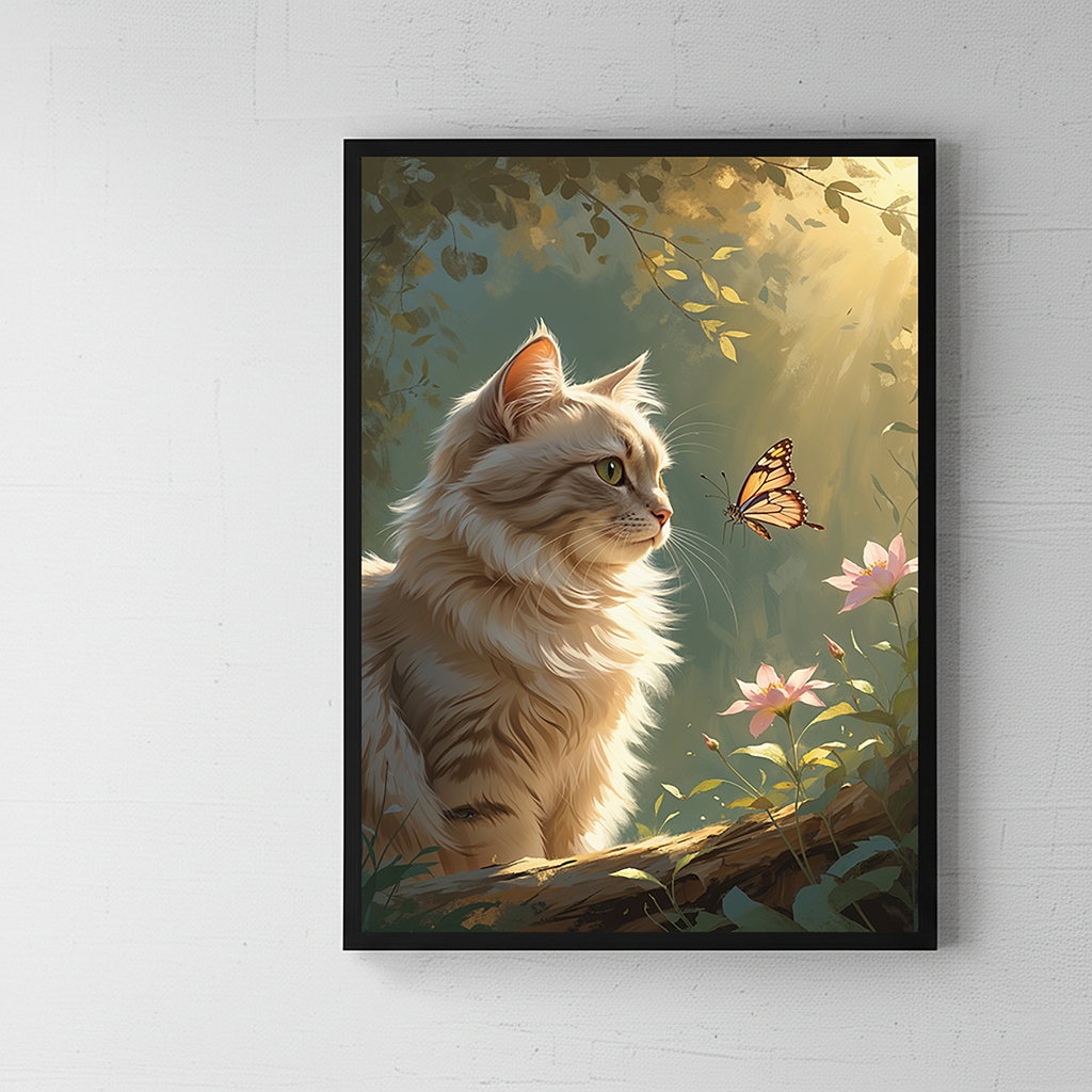 Digital art of a cat and butterfly by Reflectionare featuring a colorful, detailed illustration with vibrant, whimsical design elements.