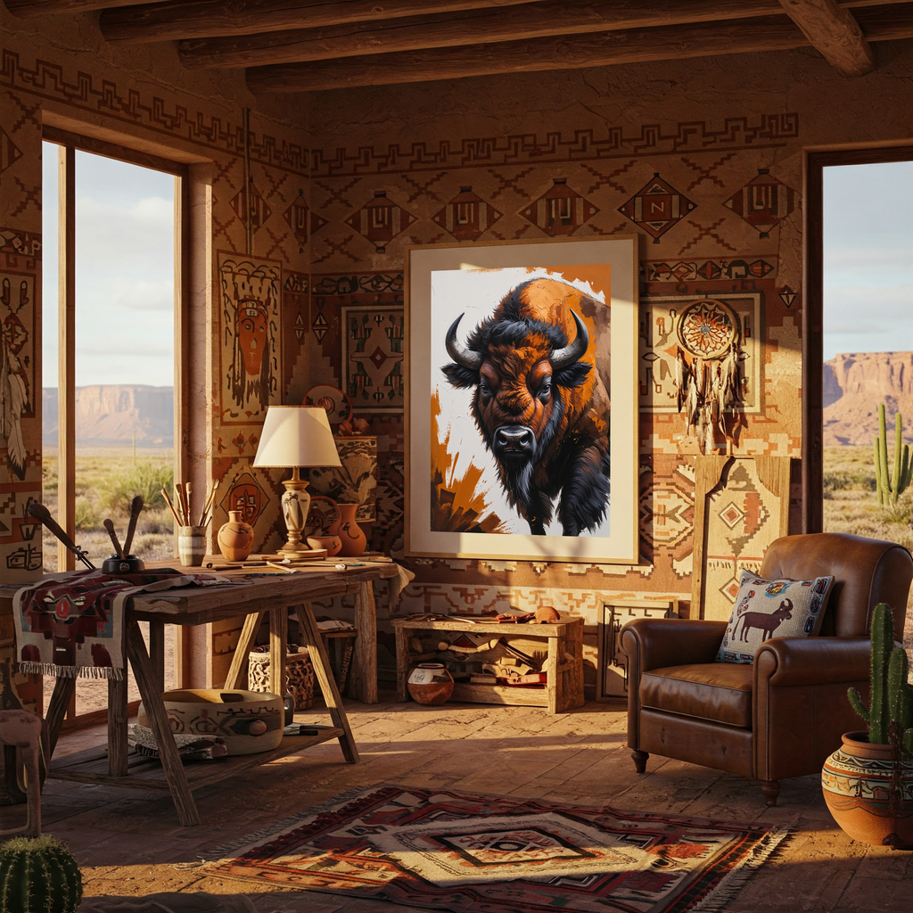Abstract buffalo digital art print by Reflectionare featuring modern wildlife wall decor in vibrant colors.