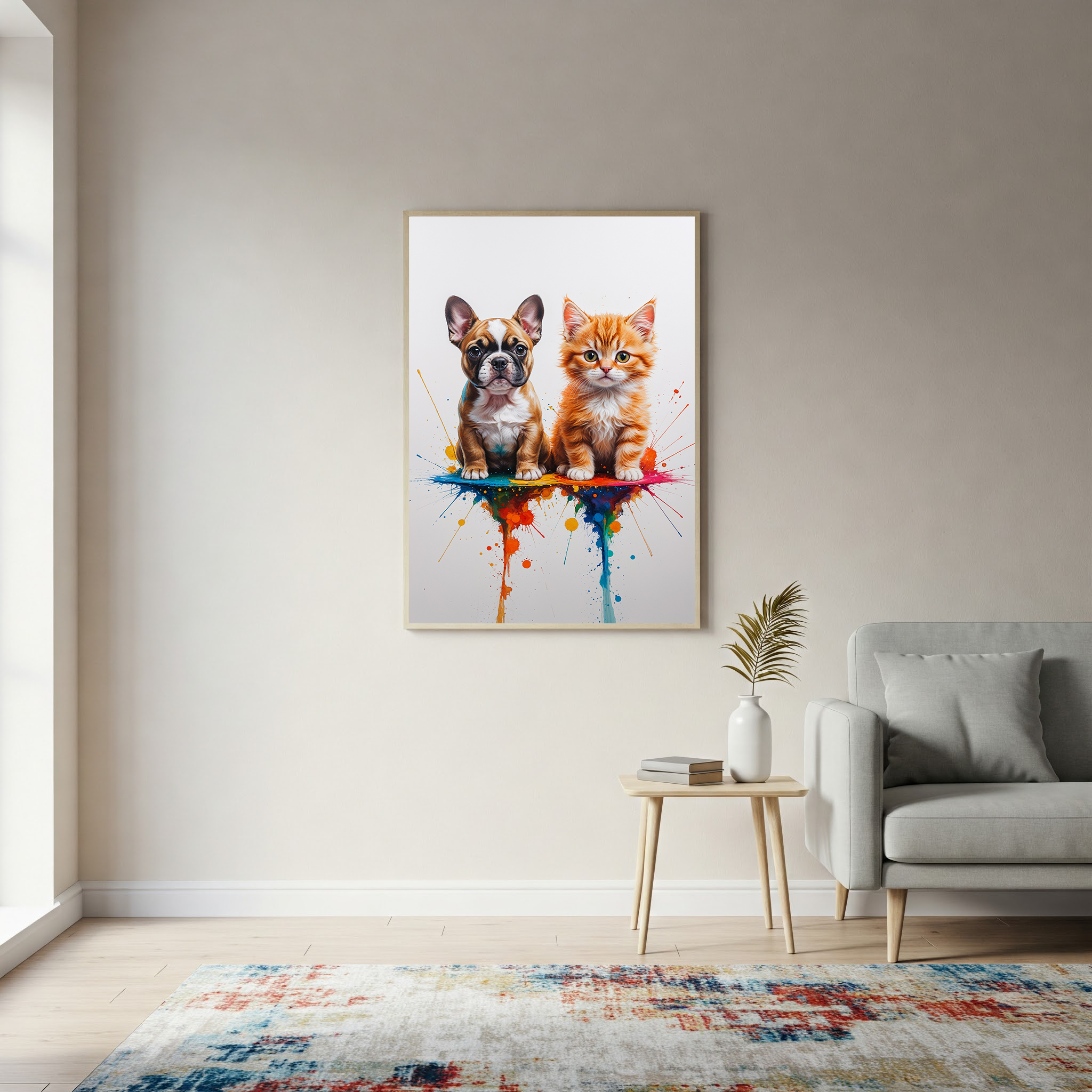 French Bulldog and Kitten Colorful Splash Art Print