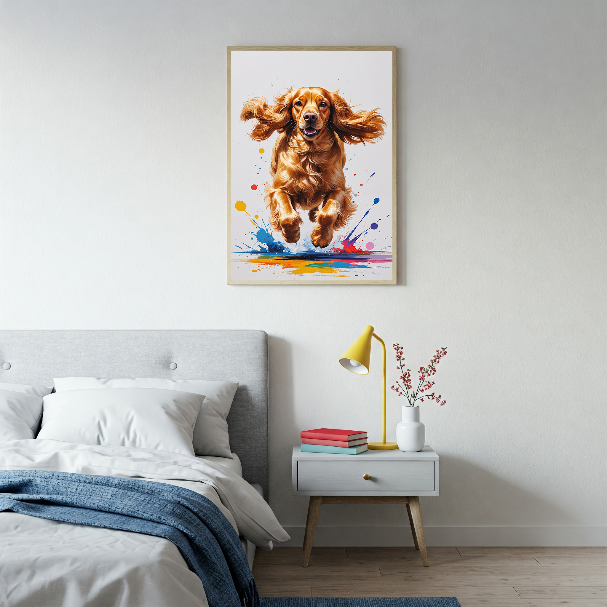 Colorful Cocker Spaniel digital art by Reflectionare, vibrant illustration featuring a friendly dog with bright, multicolored details.