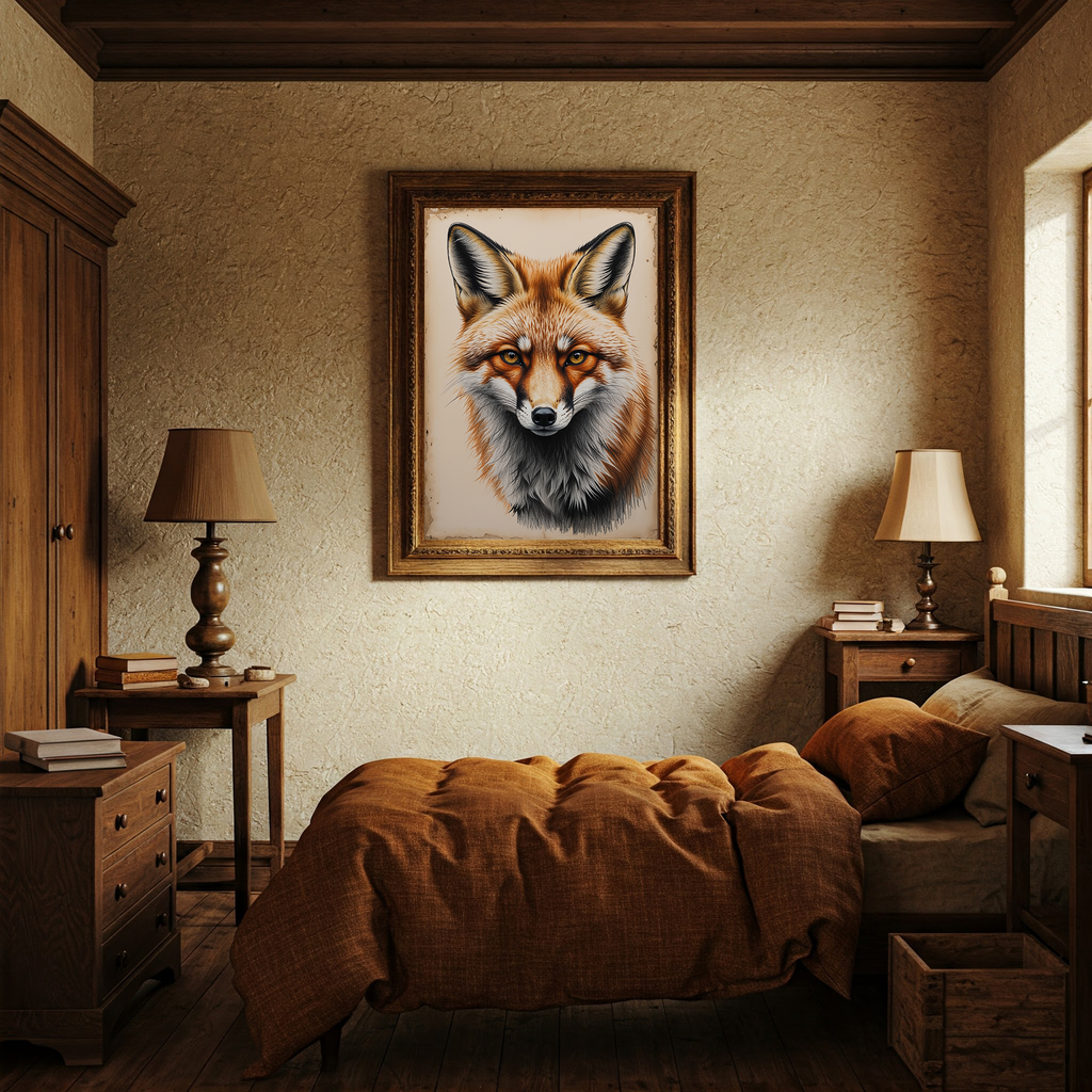 Detailed digital print of a vintage fox portrait artwork by Reflectionare, showcasing wildlife illustration style.
