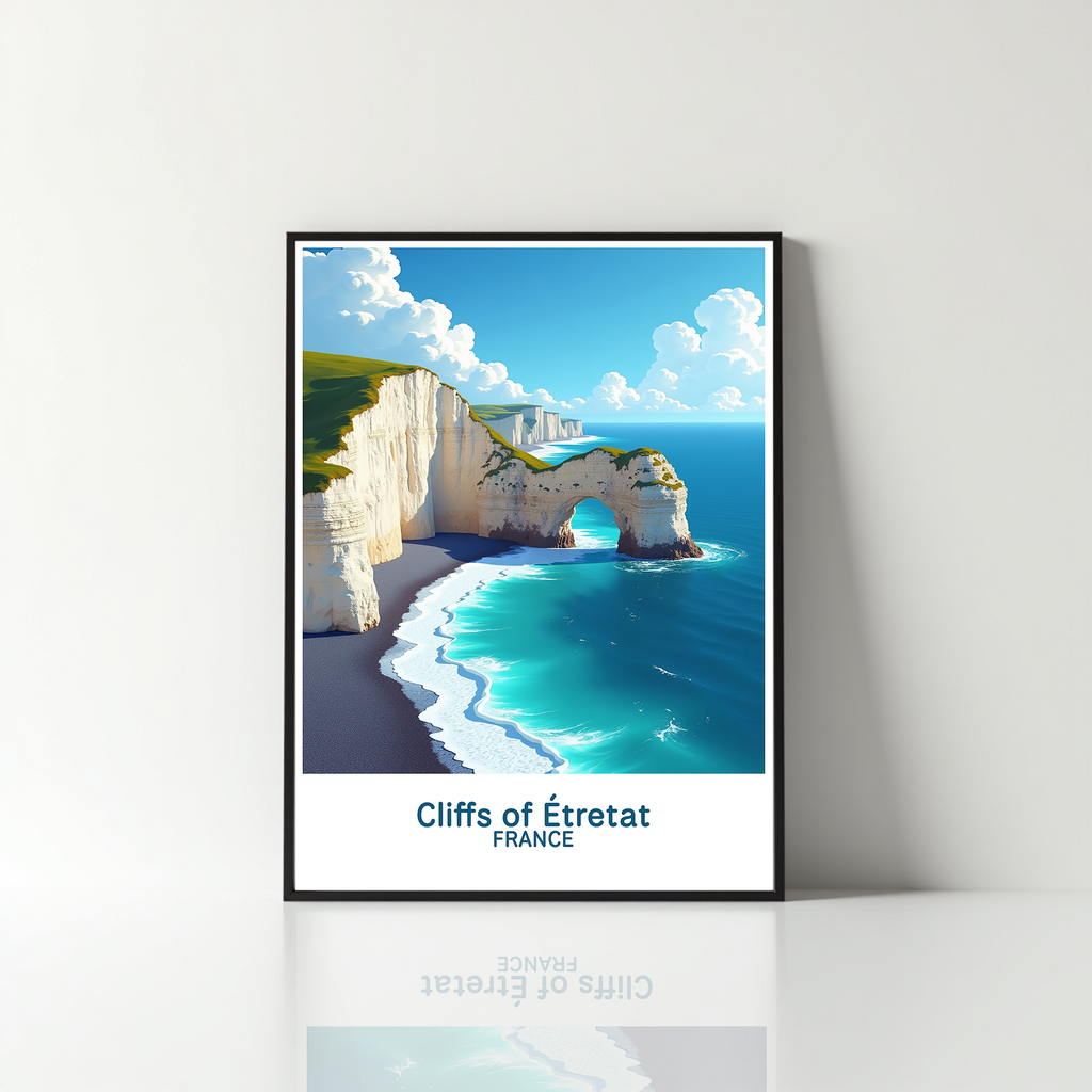 Reflectionare digital art of the Cliffs of Étretat, showcasing dramatic coastal cliffs and ocean scenery.