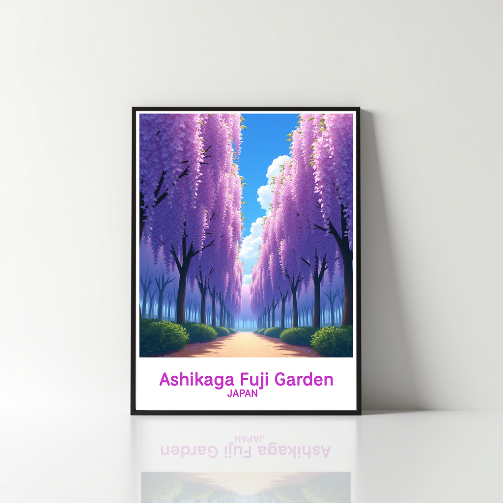 Digital art of Ashikaga Fuji Garden by Reflectionare, showcasing vibrant cherry blossoms and traditional Japanese garden scenery.