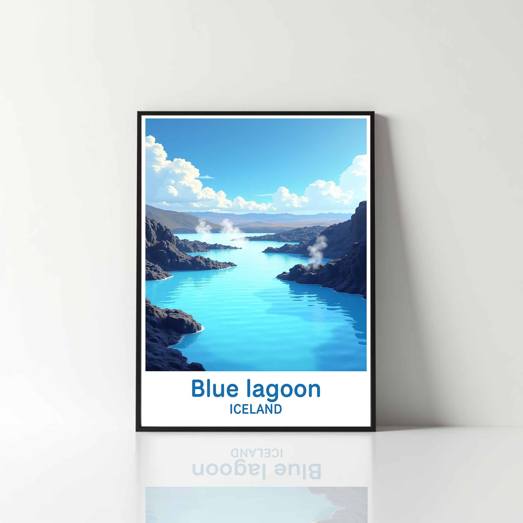 Digital art piece titled Blue Lagoon by Reflectionare featuring vibrant blue and turquoise ocean waves and serene lagoon scenery.
