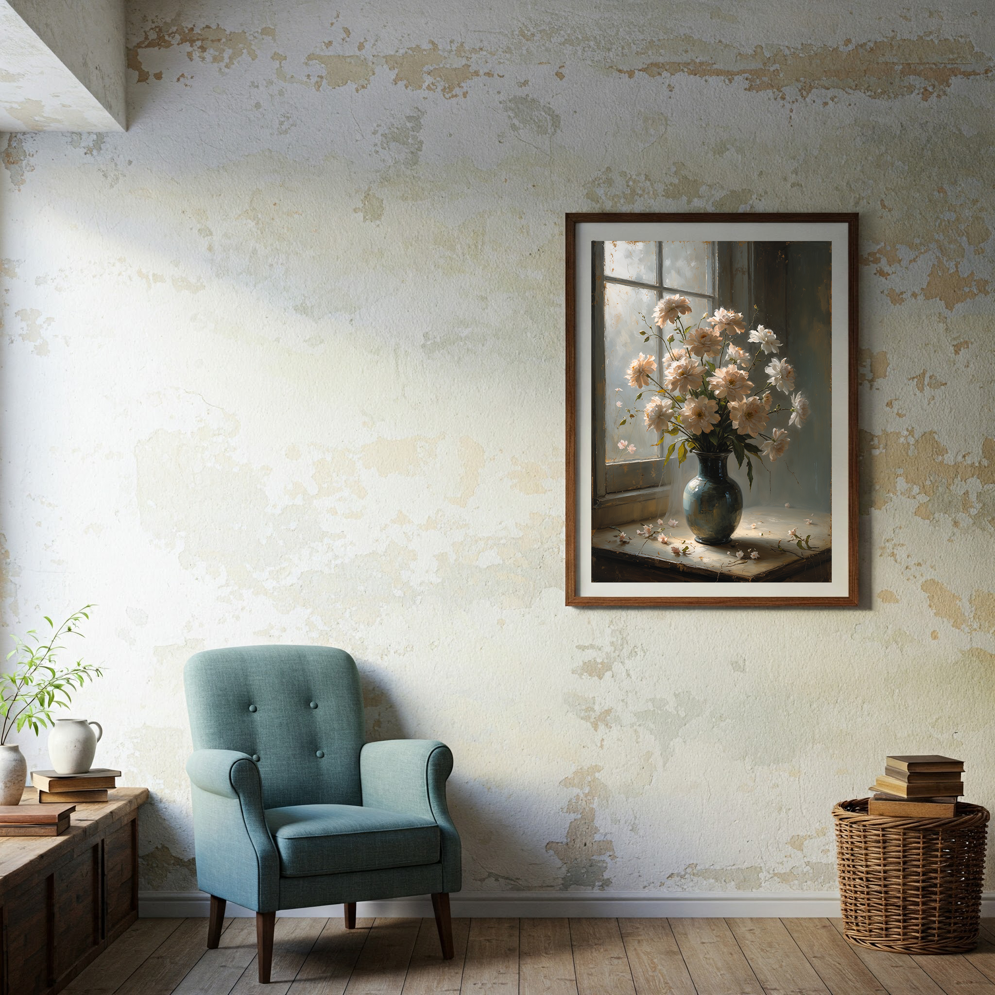Digital art of a vintage floral still life with an elegant flower bouquet in a vase, suitable as wall decor.