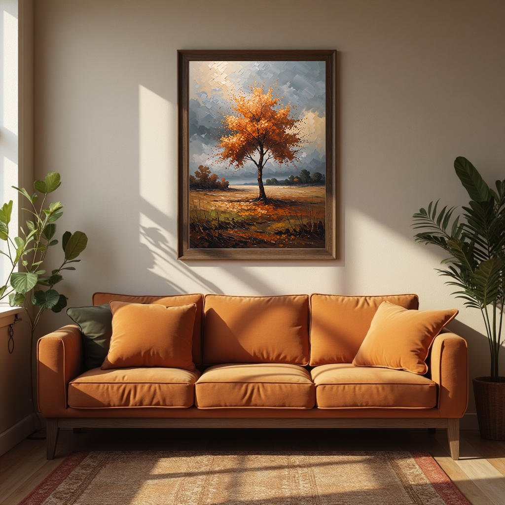 Vintage golden tree scene digital art by Reflectionare, featuring an impressionist autumn landscape with warm fall colors and detailed trees.