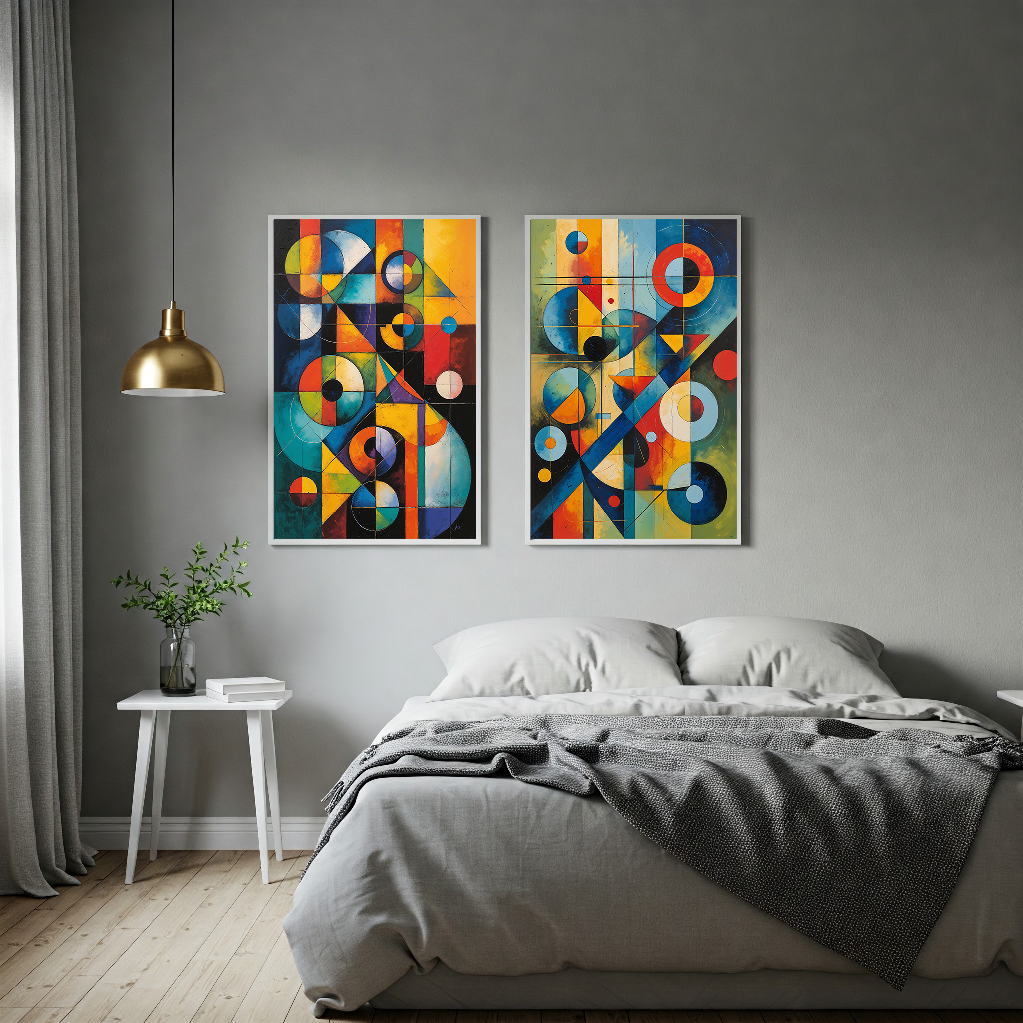 Reflectionare Abstract Elements II geometric oil painting print, modern Bauhaus digital wall art with vivid abstract shapes.