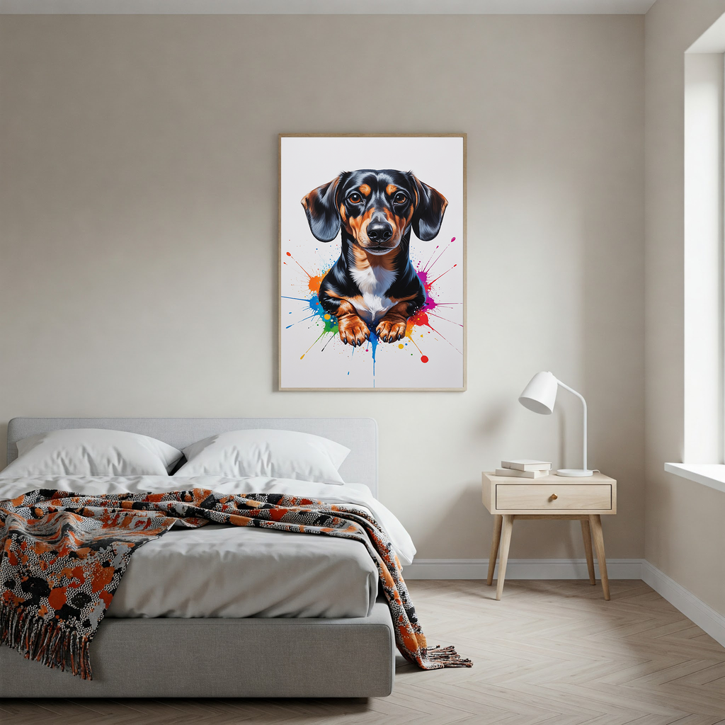 Colorful digital art of a dachshund by Reflectionare, featuring vibrant, abstract hues and playful design.