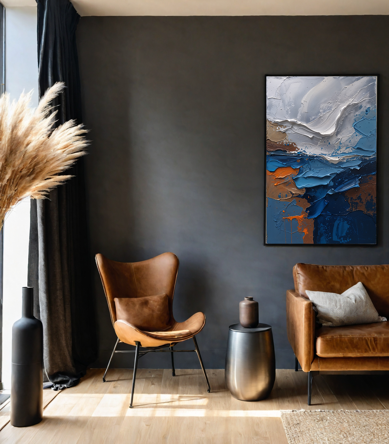 Abstract coastline impasto oil painting print by Reflectionare, modern textured seascape digital art with vibrant ocean hues.