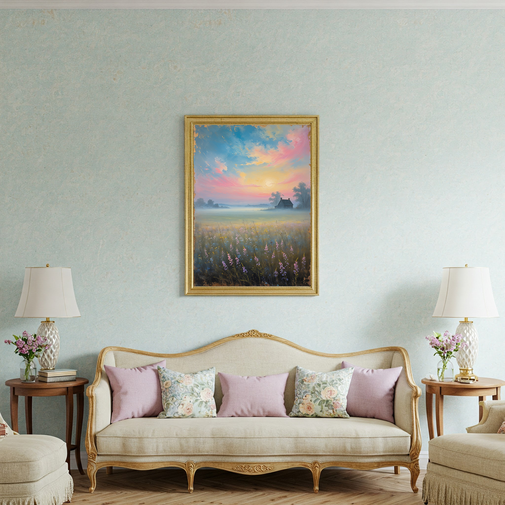 Vintage countryside sunrise digital art print by Reflectionare featuring a retro landscape scene, perfect for wall decor.