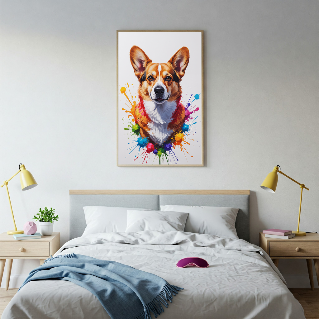 Colorful digital art of a Corgi by Reflectionare featuring vibrant, abstract colors and playful design.