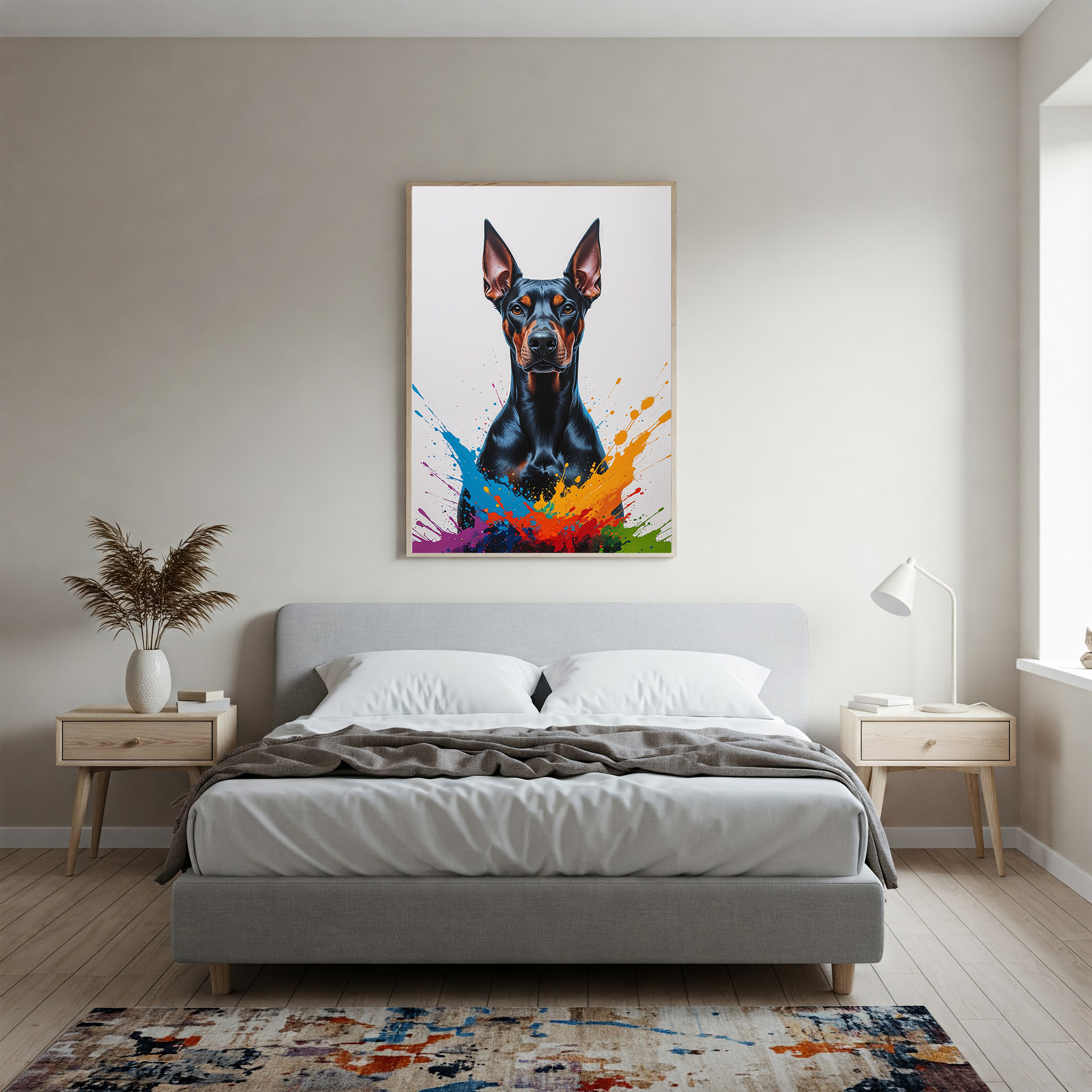 Colorful Doberman digital art by Reflectionare featuring a vibrant, abstract depiction of a Doberman dog in bright, lively colors.