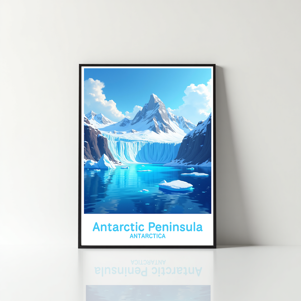 Reflectionare digital art of the Antarctic Peninsula showcasing icy landscapes and rugged mountains in a detailed, artistic style.