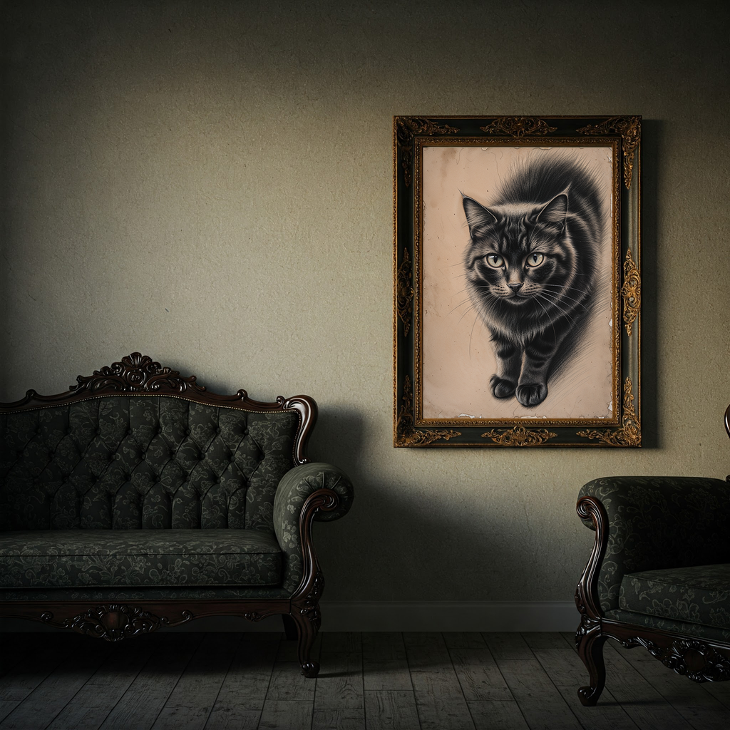 Vintage cat portrait art print by Reflectionare, featuring a retro animal wall decor digital art design.