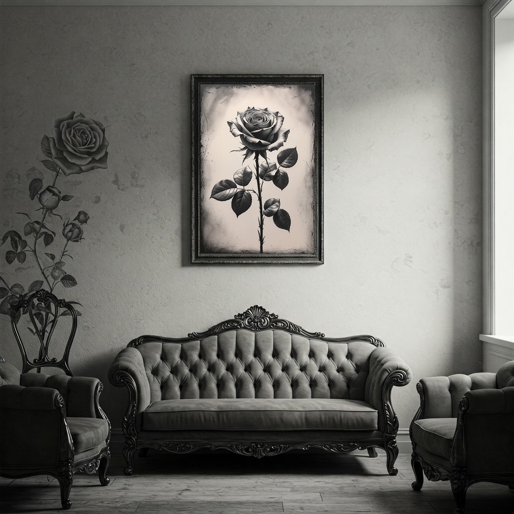 Vintage Monochrome Rose Wall Art Print | Black and White Floral Decor