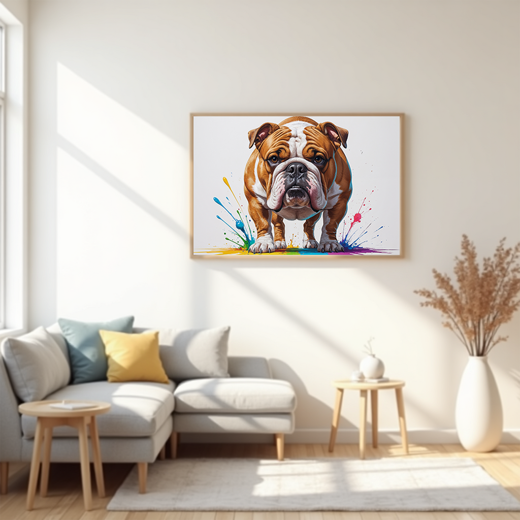 Colorful digital art of a bulldog by Reflectionare featuring vibrant, abstract splashes and bold, expressive colors.