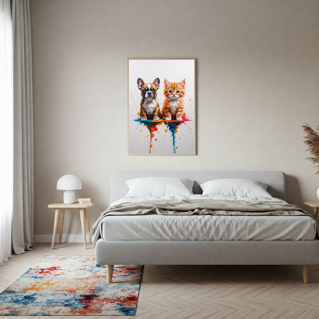 French Bulldog and Kitten Colorful Splash Art Print