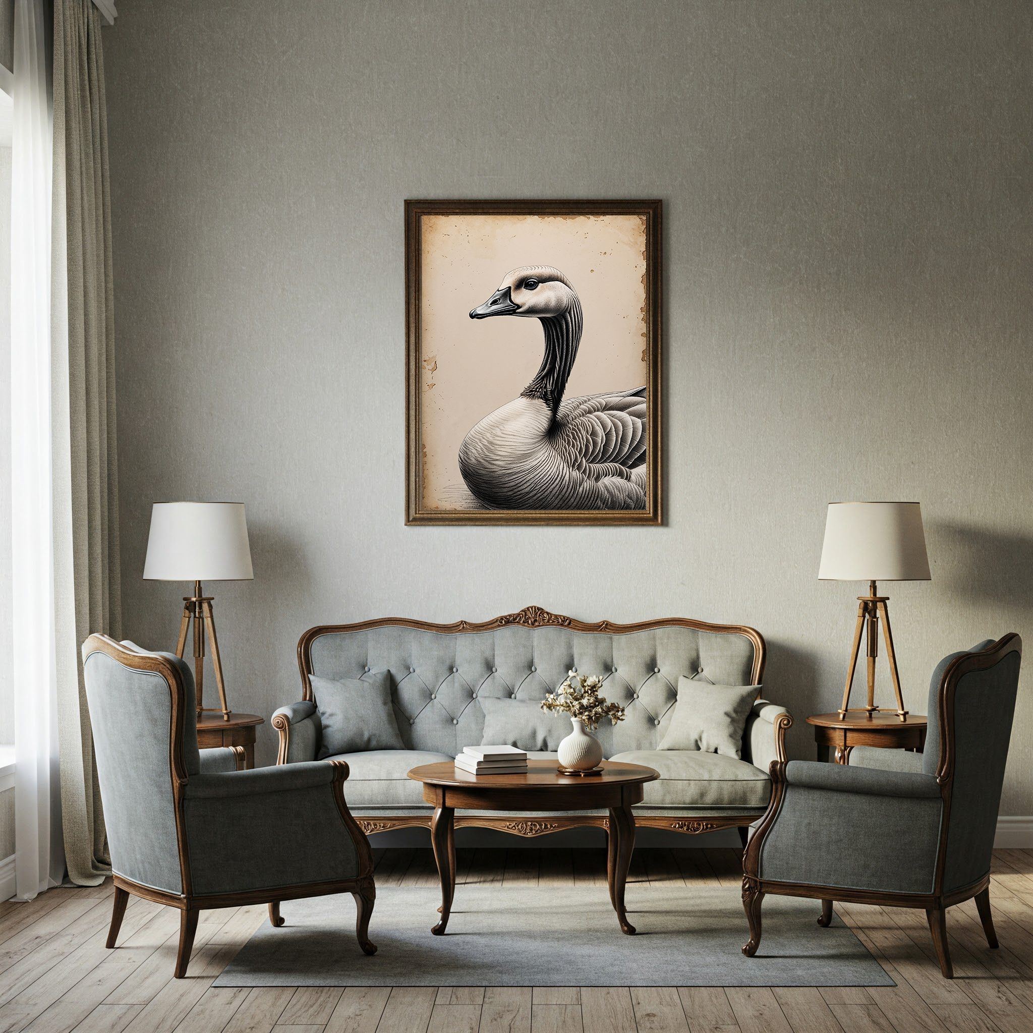 Detailed vintage goose portrait digital art by Reflectionare, featuring a farm bird illustration in a classic style.
