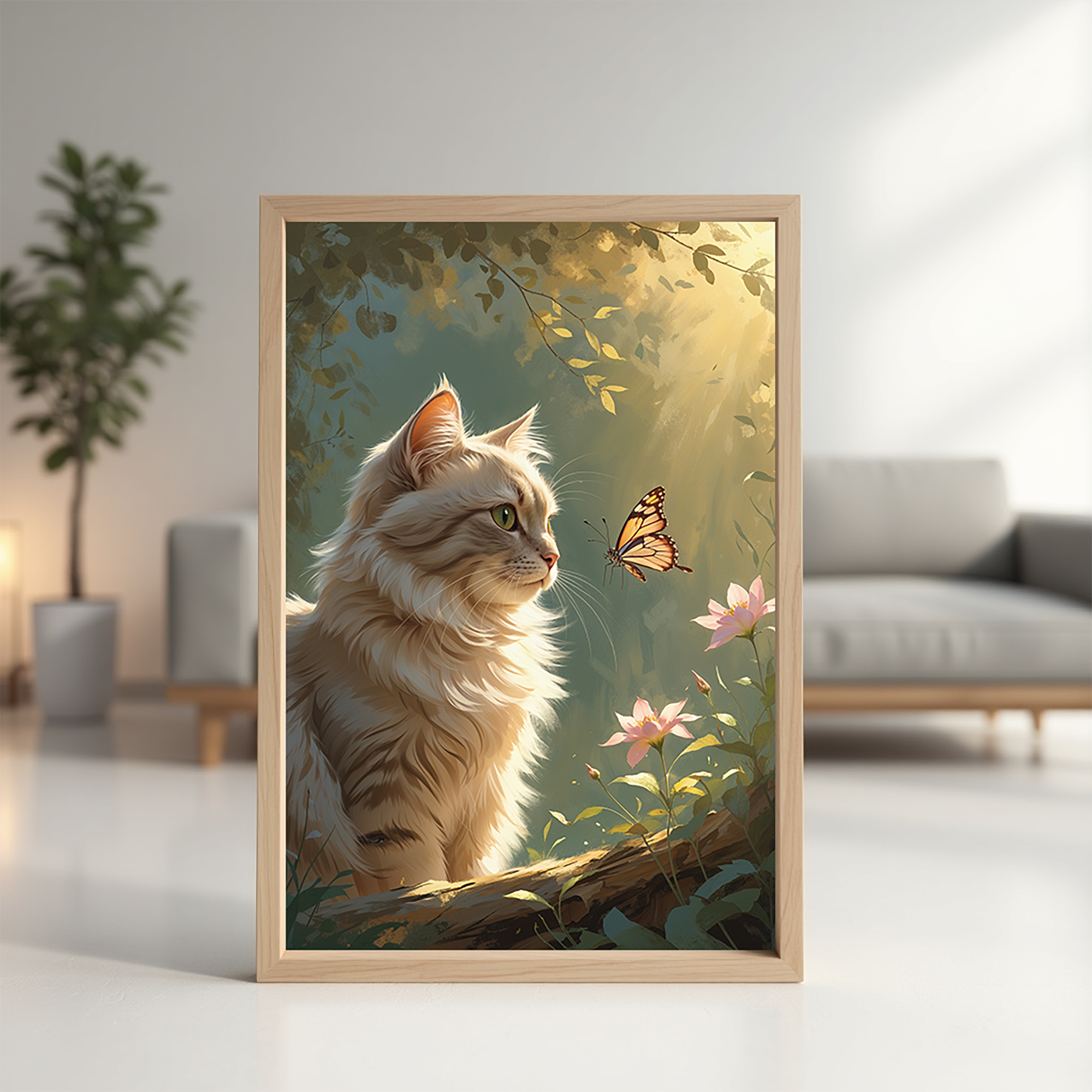 Digital art of a cat and butterfly by Reflectionare, featuring vibrant colors and detailed, artistic design in a modern style.