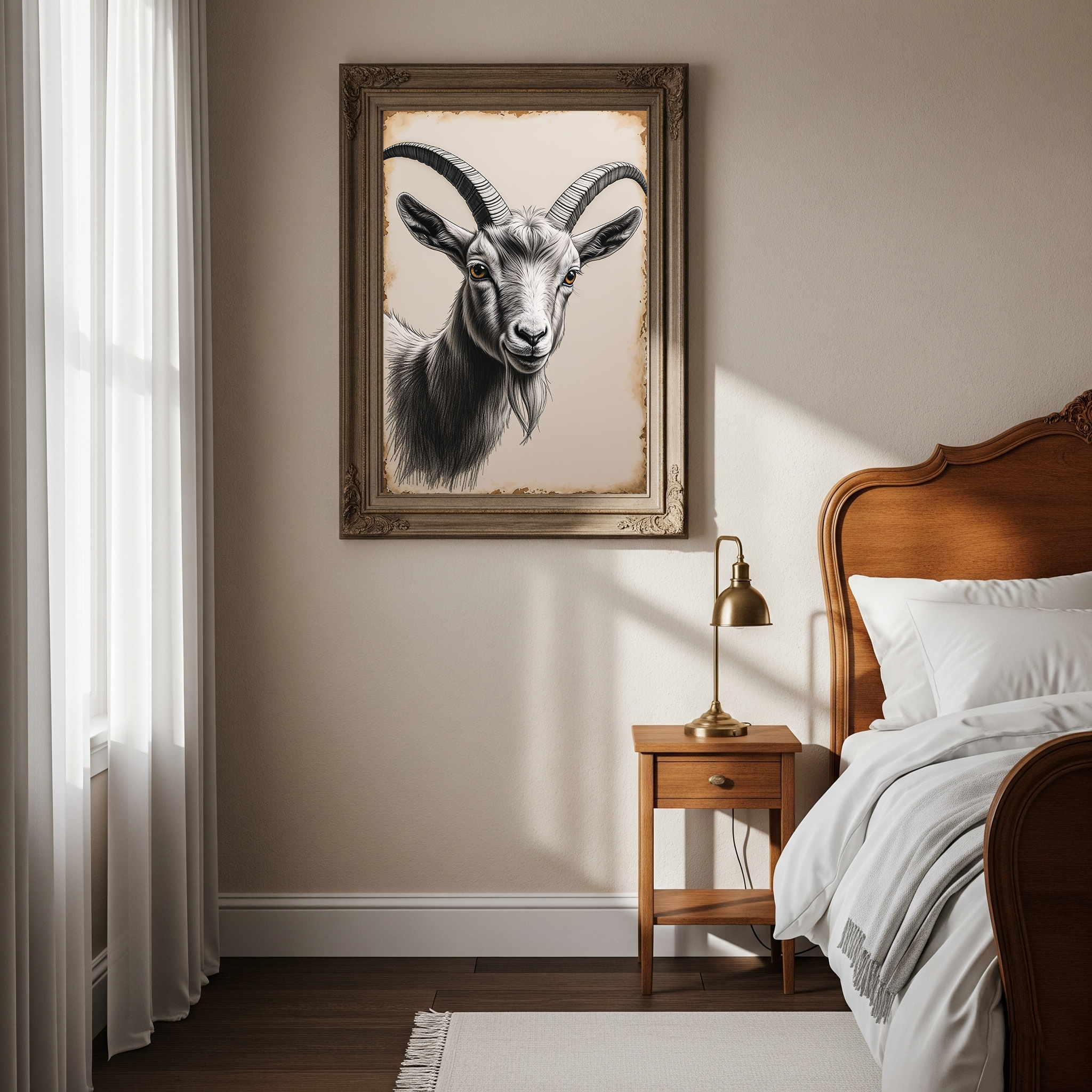Vintage goat portrait digital art by Reflectionare, detailed farm animal illustration in a classic style.