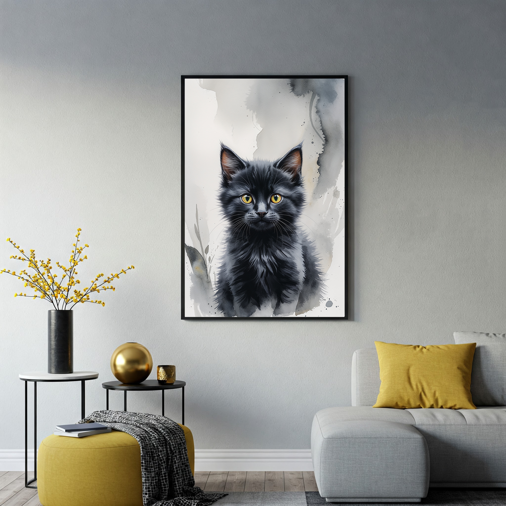 Digital art of a charcoal-colored kitty cat by Reflectionare, showcasing detailed feline features on a neutral background.