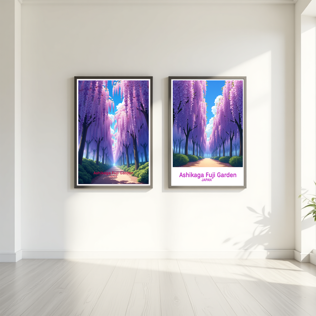 Digital art of Ashikaga Fuji Garden by Reflectionare, showcasing vibrant cherry blossoms and traditional Japanese landscape.