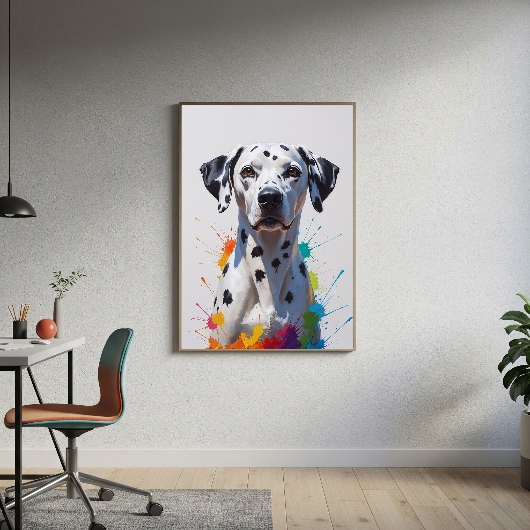 Colorful Dalmatian digital art by Reflectionare featuring a vibrant, abstract dog with bright spots and playful design.