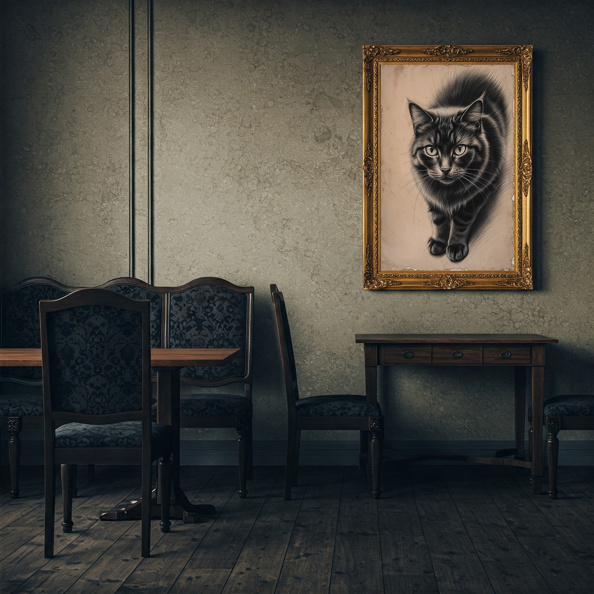 Vintage cat portrait art print by Reflectionare, featuring retro animal wall decor in digital art style with detailed feline imagery.